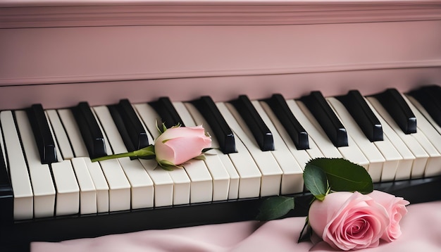 una rosa rosada en un piano