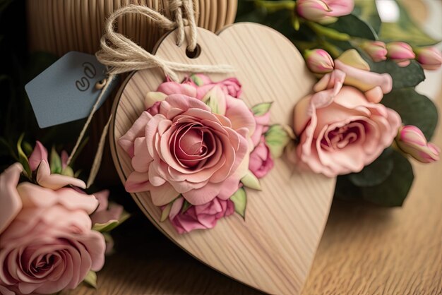 una rosa rosada en primer plano descansando sobre una etiqueta de corazón de madera que puede personalizarse con inscripciones