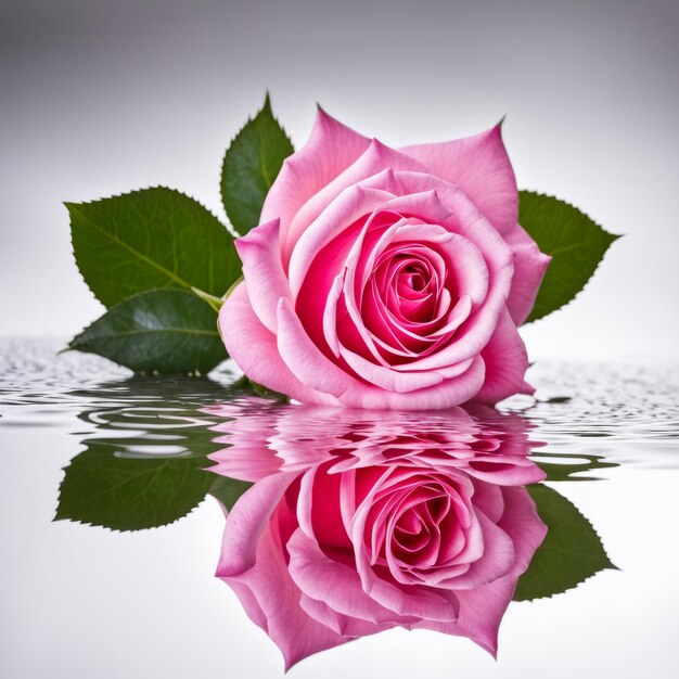 La rosa rosada se refleja en un fondo blanco