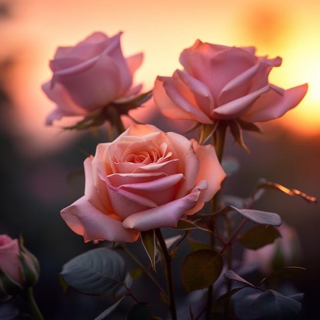 una rosa rosada con el sol poniéndose detrás