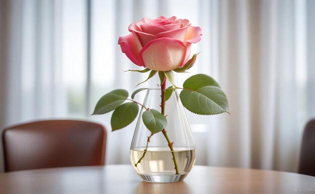 rosa Rose in klarem Glas auf dem Esstisch im Wohnzimmer