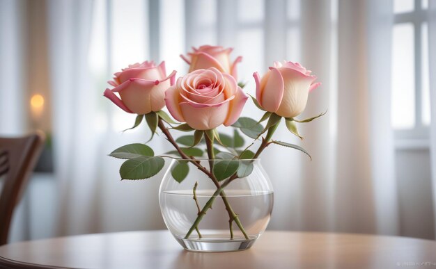 rosa Rose in klarem Glas auf dem Esstisch im Wohnzimmer