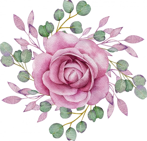 Rosa Rose mit grünen und rosa Blättern. Bunte Aquarellblumenkomposition. Handgezeichnete Illustration.