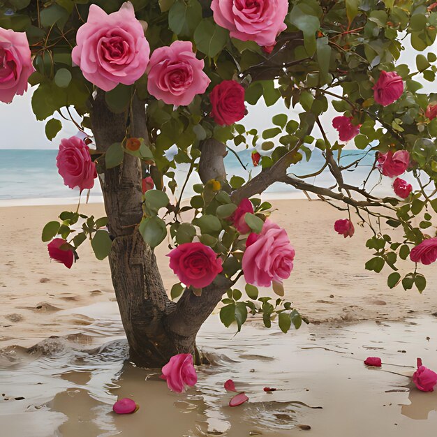 rosa Rosen auf einem Baum im Sand mit dem Ozean im Hintergrund