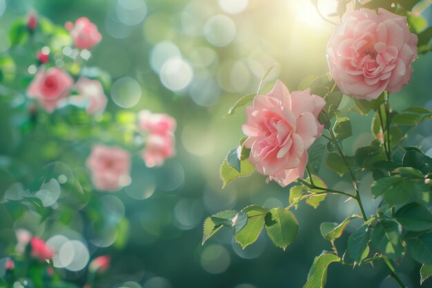 Rosa Rosen auf frischem grünem Blatthintergrund und Bokeh-Bluer mit geringer Schärfentiefe Weicher Fokus