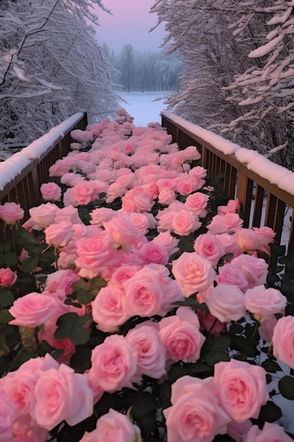 Rosa Rosen blühen auf einem verschneiten Weg im Wald. generative KI