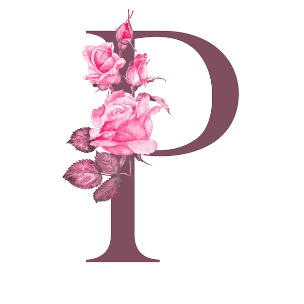 Rosa Rosen, die den Buchstaben P schmücken - ein Blumenmonogram