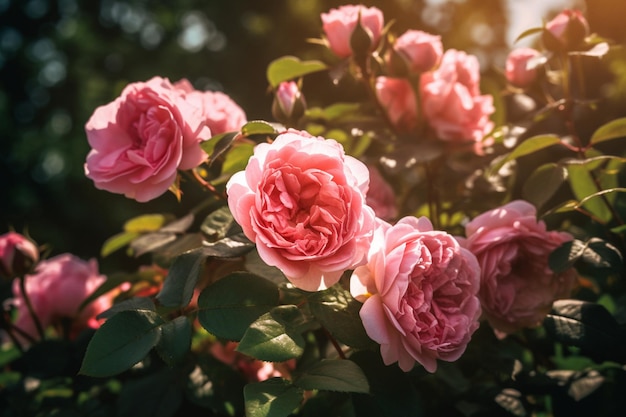 Rosa Rosen in einem Garten, auf die die Sonne scheint