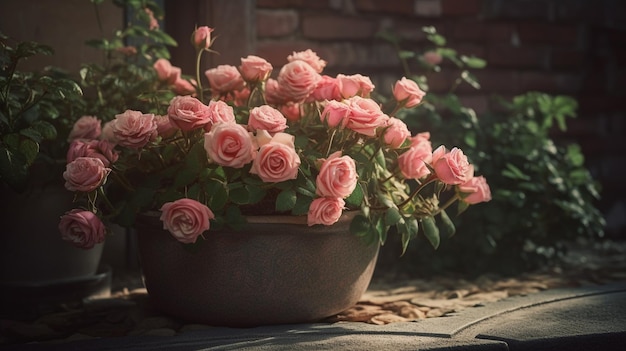 Rosa Rosen in einer Vase auf der Fensterbank generative ai