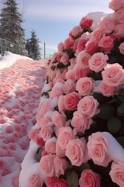 Rosa Rosen sind auf einem verschneiten Pfad mit Schnee bedeckt. Generative KI