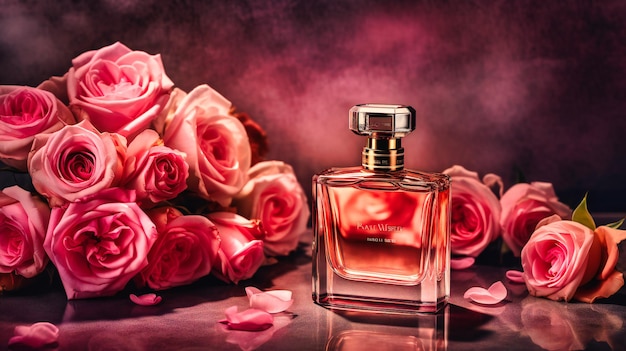 Rosa Rosen umgeben eine rosa Parfümflasche