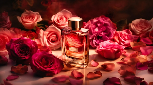Rosa Rosen umgeben eine rosa Parfümflasche