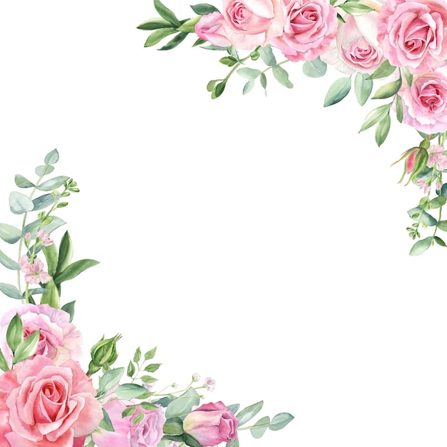 Rosa Rosen und Eukalyptus Aquarell Ecke Grenze für Hochzeits Einladungen