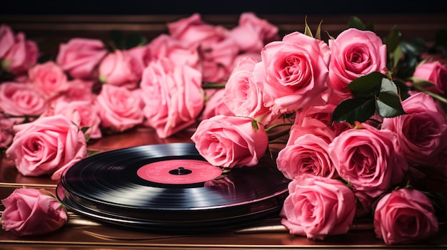 Rosa Rosen und Vinylscheibe