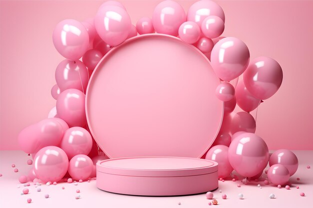 Foto rosa rundes podium mit ballons für die produktpräsentation