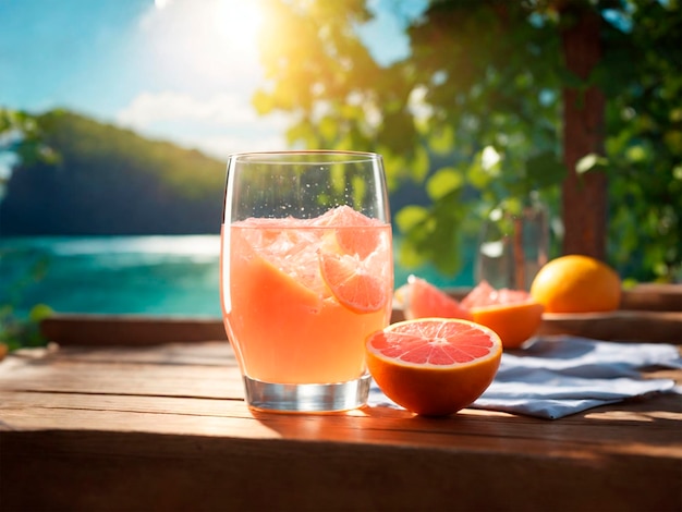 Rosa Saft mit frischer Grapefruit in einem See