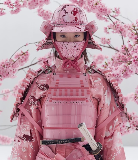 Foto rosa samurai-rüstung und kirschblüten