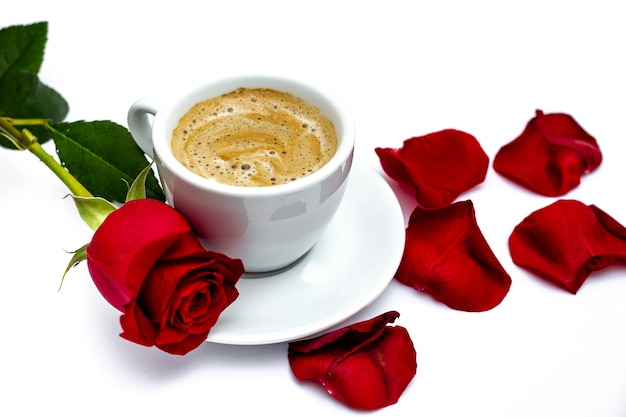 Rosa de San Valentín con pétalos y café