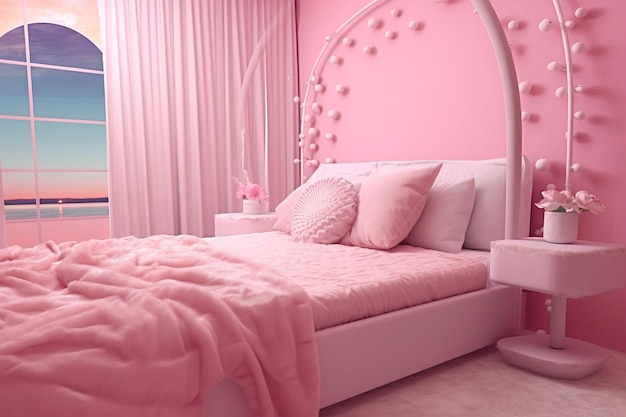Rosa Schlafzimmer-Inneneinrichtungsideen, KI-generiert. Erstaunliche und klassische rosafarbene Luxusschlafzimmer-Fantasie-Rosawelt