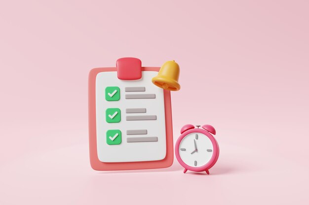 Foto rosa schreibtafel mit checkliste papierblatt grünes kontrollkästchen richtiges kontrollzeichen und weckerklokenzell auf rosa hintergrund abgeschlossenes kontrollzeichen auswahlkästchen aufgabenliste für die geschäftsplanung 3d-rendering