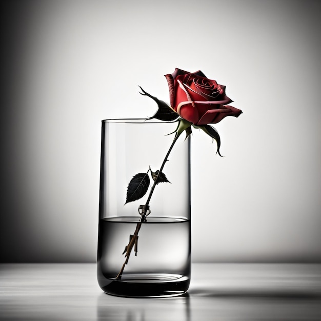 Foto una rosa se sienta en un vaso de agua sobre una mesa.