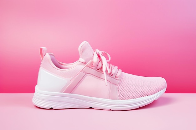 Rosa Sneaker isoliert auf pastellrosa Hintergrund Frau Sportschuh Mode Sneaker Trainer Sport Lifestyle Laufen Konzept Produktfoto Streetwear Einfache minimalistische Mode Schuhe