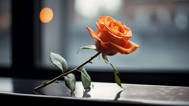 Una rosa solitaria apoyada en el alféizar de una ventana AI Generative