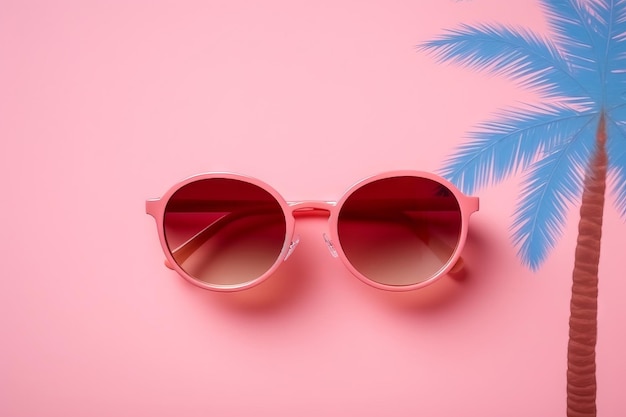Rosa Sonnenbrille auf rosa Hintergrund mit Palme auf der linken Seite.