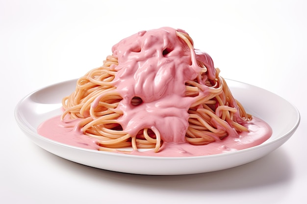 Rosa Spaghetti mit rosa Soße auf weißem Hintergrund