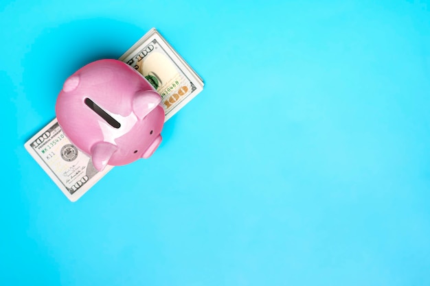 rosa Sparschwein auf Dollar Banknotenhintergrund Kaufen, Verkaufen, Investieren, Bankwesen, Darlehen, Versicherung