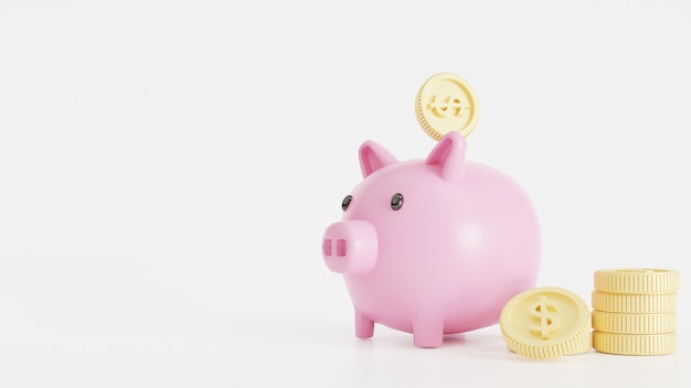 Rosa Sparschwein mit Goldmünzen auf weißem Hintergrund, Geldvermögen und Finanzen sparen und Sparkonzept beginnen, 3D-Rendering-Illustration