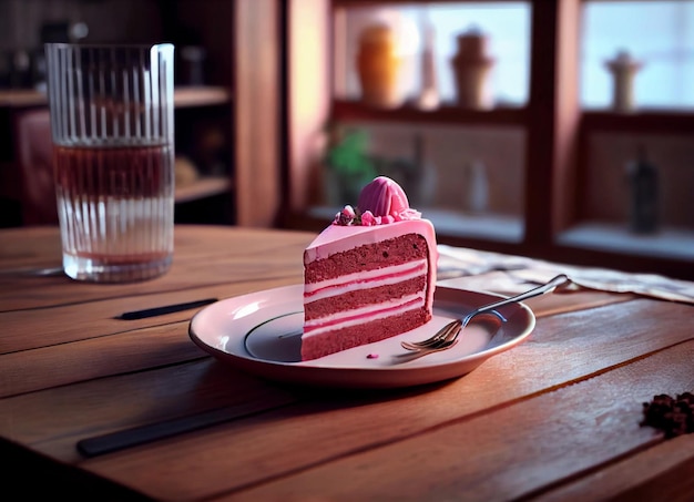 Rosa Stück Kuchen auf einem Teller auf dem Tisch