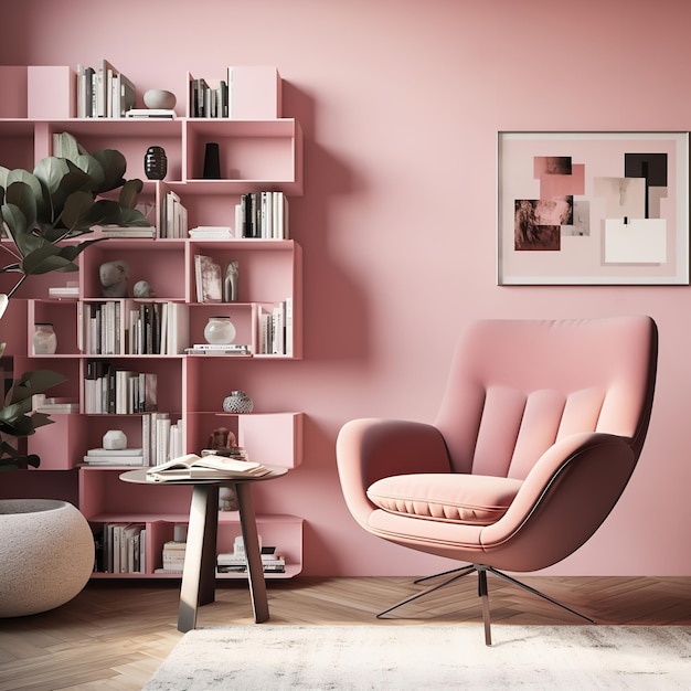 Rosa Stuhl in einem rosa Zimmer mit einem Bücherregal und einer generativen Pflanzen-Ki