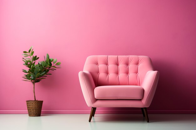 Foto rosa stuhl und topfpflanze vor rosa wand generative ki