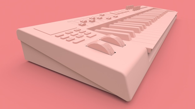 Rosa Synthesizer-MIDI-Keyboard auf rosa Hintergrund. Synth Keys Nahaufnahme. 3D-Rendering.