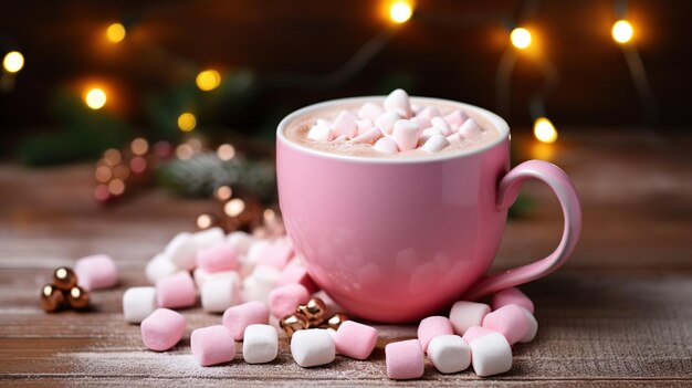 rosa Tasse heißer Kakao mit Marshmallows auf einem Holztisch mit Weihnachtsgewürzen