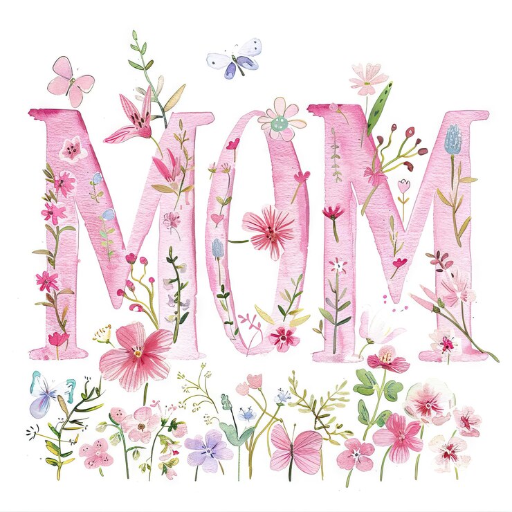Foto rosa text mom in schriftbuchstaben jeder buchstabe ist mit wildblumen und schmetterlingen geschmückt subtile pastelle ki-generierte illustration