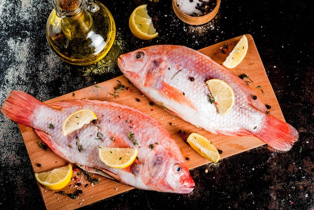 Rosa Tilapia des frischen rohen Fisches mit Gewürzen für das Kochen