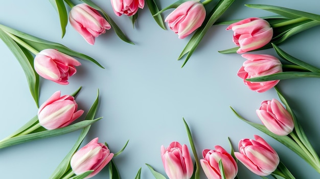 Rosa Tulpen in einem Kreis auf blauem Hintergrund