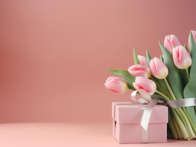 Rosa Tulpen mit Geschenk auf Pfirsich