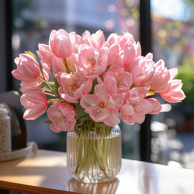 Rosa Tulpen stehen in einer durchsichtigen Vase auf einem von der KI erzeugten Glastisch