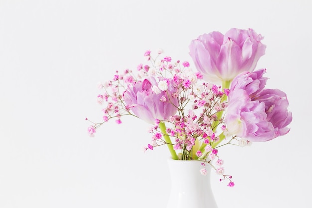 Rosa Tulpen und Schleierkraut auf weißem Hintergrund