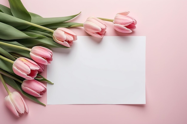 Rosa Tulpenblüten und Blatt Papier auf hellrosa Hintergrund