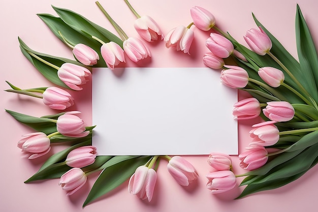 Rosa Tulpenblüten und Blatt Papier auf hellrosa Hintergrund