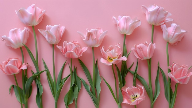 Rosa Tulpenblumen auf einem rosa Hintergrund, die die Erwartung an den Frühling symbolisieren