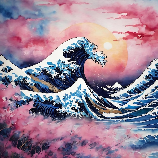 Rosa und blaue Aquarelle farbenfroh gemalte große Welle eklektische Landschaft Leinwand Kunstdruck