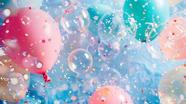 Rosa und blaue Ballons mit durchsichtigen Blasen schwimmen auf einem hellblauen Hintergrund nach oben, farbenfrohe Konfetti fallen nach unten