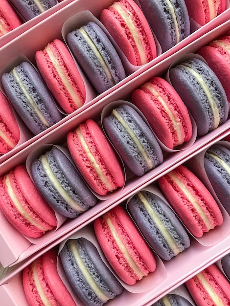 Foto rosa und blauer macaron im karton