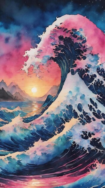 Rosa und blaues Aquarell, farbenfroh bemalt, große Wellen, eklektische Landschaftskunst auf Leinwand