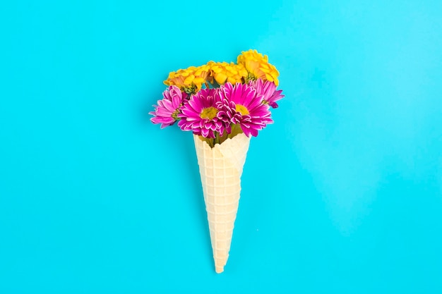 Rosa und gelbe Frühlingsblumen Gänseblümchen in Eiscreme-Waffelkegel auf blauem Hintergrund